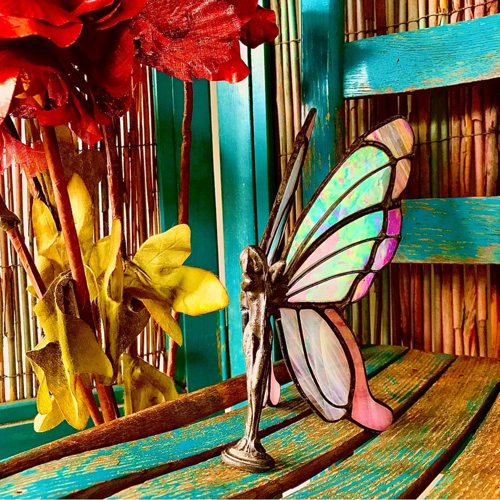 BEAUTIFUL Silver Nymph With Delicate, Stained Glass Butterfly Wings Apx. 9” Tall